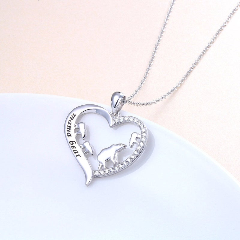 DAOCHONG Mama Bear Necklace S925 Sterling Silver Mama Bear with Cub Heart Pendant Necklace for Family (3 cubs) - Image 3